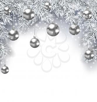 Illustration New Year Snowing Background with Silver Christmas Balls, Copy Space for Your Text - Vector