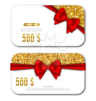 Illustration Gift Card Template with Golden Dust Texture and Black Bow Ribbon. Design for Gift Voucher, Coupon, Invitation, Certificate, Diploma, Ticket Etc. - Vector
