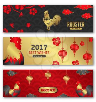 Illustration Collection Banners for Chinese New Year Roosters, Blossom Sakura Flowers, Lanterns. Templates for Design Greeting Cards, Invitations, Flyers etc. - Vector