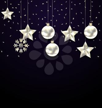 Illustration Christmas Dark Background with Silver Balls, Stars and Snowflakes. Confetti Banner - Vector