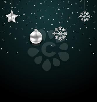 Illustration Christmas Dark Background with Silver Balls, Stars and Snowflakes. Confetti Banner - Vector