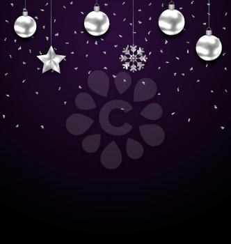 Illustration Christmas Dark Background with Silver Baubles, Greeting Luxury Banner - Vector
