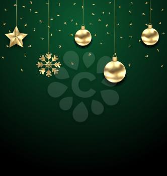Illustration Christmas Golden Hanging Balls on Dark Green Background - Vector