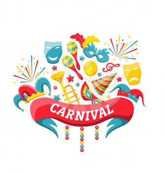Illustration Celebration Festive Banner for Happy Carnival with Party Colorful Icons and Objects - Vector