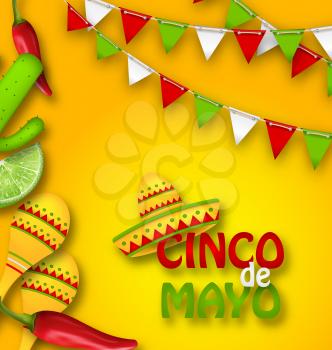 Illustration Holiday Celebration Banner for Cinco De Mayo with Chili Pepper, Sombrero Hat, Maracas, Piece of Lime, Cactus. Bunting Decoration with Traditional Mexican Colors - Vector