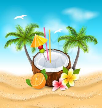 Illustration Exotic Coconut Cocktail with Frangipani, Orange and Palm Trees. Summer Beach Background - Vector