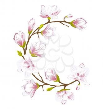 Illustration Round Frame Made of Beautiful Magnolia Flowers. Wedding Romantic Card - Vector