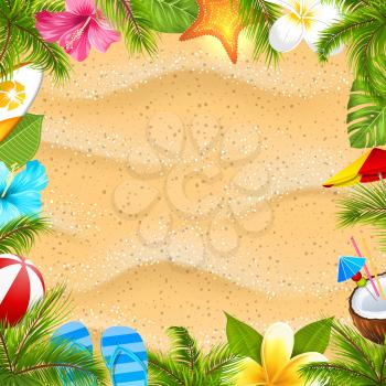 Creative Poster with Palm Leaves, Beach Ball, Frangipani Flower, Starfish, Surf Board, Hibiscus, Sand Texture. Summer Vacation Background - Illustration Vector