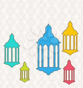 Illustration Ramadan Kareem Background with Colorful Lamps (Fanoos) - Vector