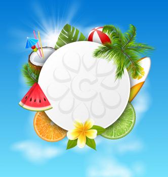 Clean Card with Coconut Cocktail, Slice Watermelon, Orange Fruit, Palm Leaves and Flowers. Summer Time, Holidays - Vector Illustration