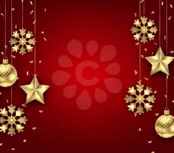 Christmas Background with Golden Balls, Stars and Snowflakes - Illustration Vector