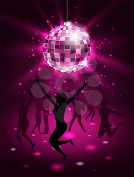 Silhouette People Dancing in Night-club, Disco Ball, Glitter Party Background - Illustration Vector