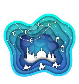Ramadan Kareem Background, Mosque, Lanterns, Moon, Camels. Islamic Design, Cut Paper Template - Illustration Vector