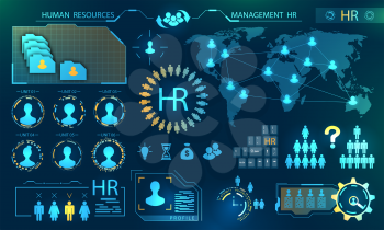 HUD Elements, Search Human Resources. Profile, Resume, Candidate, Analytics of Select Leader of Teamwork - Illustration Vector