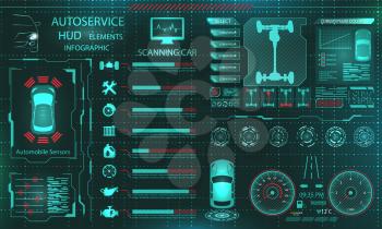 Scanning Car, Analysis and Diagnostics Vehicle, HUD UI Elements, Selection of Car Parts - Illustration Vector