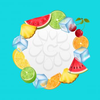 Round Fruit Frame with Ice Cubes, Pineapple, Watermelon, Cherry, Orange, Lemon, Lime, Summer Card - Illustration Vector