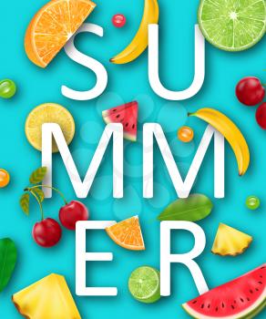 Summer Banner with Pineapple, Watermelon, Banana, Cherry, Orange, Lemon, Lime , Tropical Ripe Fruits and Berries - Illustration Vector