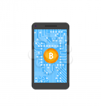 Bitcoin, Crypto Currency, Concept of Mining Digital Money, Bit-Coin and Smart Phone - Illustration Vector