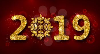 2019 Text, Golden Glitter Background for Happy New Year - Illustration Vector