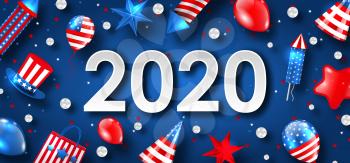 New Year 2020 with National Colors of USA American Flag. Greeting Poster - Illustration Vector