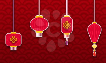 Set Chinese Lanterns for Happy New Year. Eastern Background - Illustration Vector