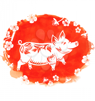 Watercolor Background with Floral Pig, Zodiac Symbol, Blossom Sakura Flowers - Illustration Vector