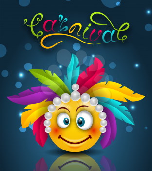 Happy Carnival Festive Lettering, Smile Emoji with Feather Headdress - Illustration Vector
