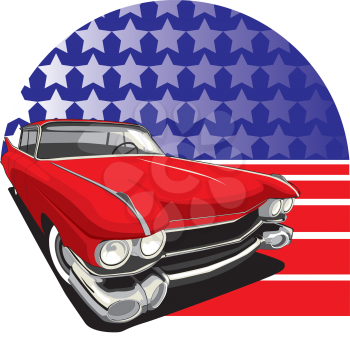 Royalty Free Clipart Image of an Old Car and American Flag