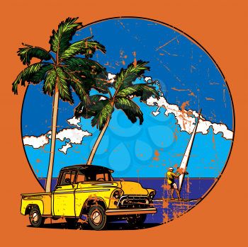 Royalty Free Clipart Image of a Truck on a Tropical Scene