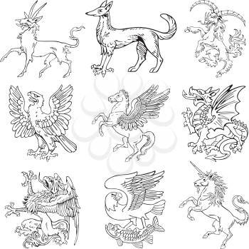 Vectorial pictograms of most heraldic monsters, executed in style of gravure on wood. No dlends, gradients and strokes.