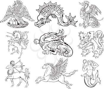 Vectorial pictograms of most heraldic monsters, executed in style of gravure on wood. No dlends, gradients and strokes.