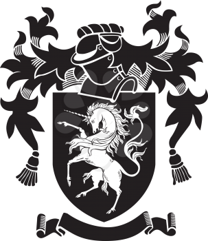 Vector image of black medieval heraldic silhouette, executed in woodcut style, isolated on white background. No blends, gradients and strokes.