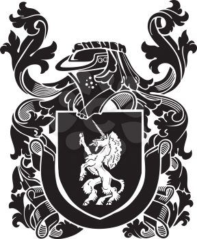 Vector image of black medieval heraldic silhouette, executed in woodcut style, isolated on white background. No blends, gradients and strokes.