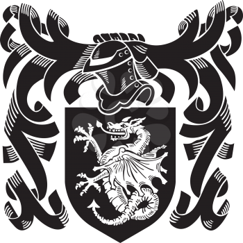 Vector image of black medieval heraldic silhouette, executed in woodcut style, isolated on white background. No blends, gradients and strokes.