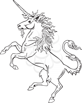 Vectorial pictogram of most heraldic monster - unicorn, executed in style of gravure on wood. No dlends, gradients and strokes.