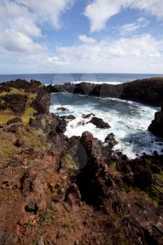 Easter Island rocky coast line under blue sky