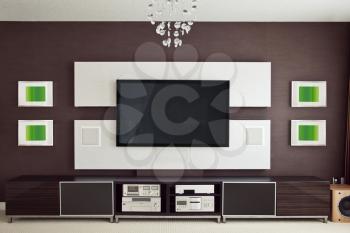 Modern Home Theater Room Interior with Flat Screen TV frontal view