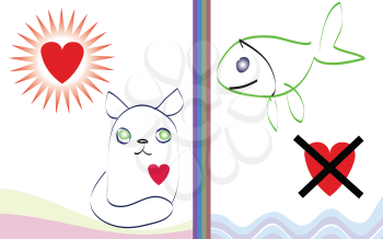 Royalty Free Clipart Image of a Cat, Fish and Hearts