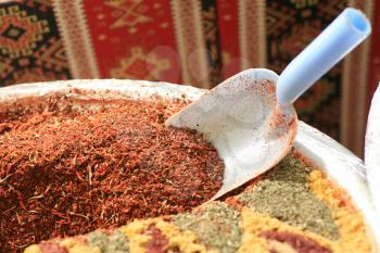 red colored set of dried chilly spice in the oriental store