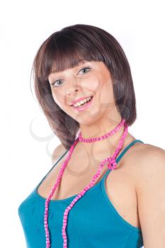 young beautiful woman with funny beads on white
