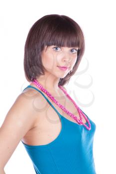 young beautiful woman with funny beads on white