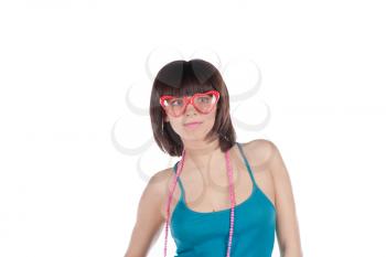 Smiling girl wearing funny-shaped glasses on white