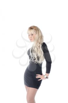 elegant fashionable woman in black dress. attractive blond woman