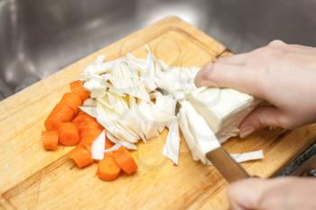 Woman's hands cutting carrot, near fresh vegetables.