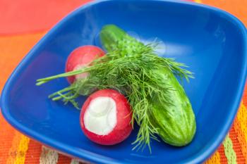 Radish, cucumber in blue bowl on table cloth