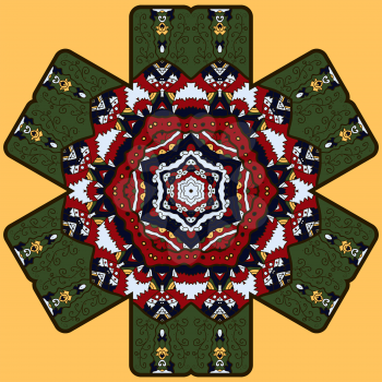 hexagonal round mandala pattern in red and green on the yellow background. Pretty good for oriental design concept
