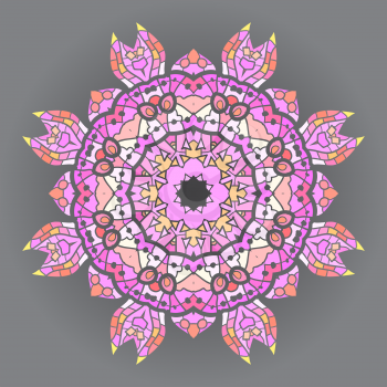 what is karma? Oriental mandala motif round lase pattern on the pink background, like snowflake or mehndi paint in red and blue