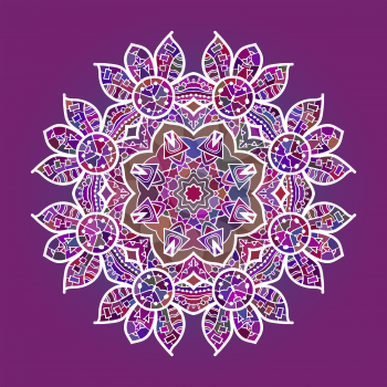 Oriental mandala motif round lase pattern on the pink background, like snowflake or mehndi paint in red and blue. what is karma?