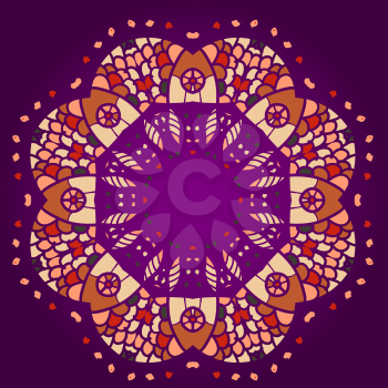 what is karma? Oriental mandala motif round lase pattern on the violet background, like snowflake or mehndi paint of deep pink color