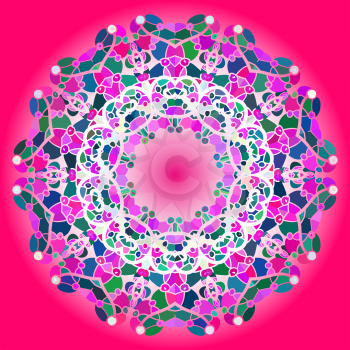 Oriental mandala motif round lase pattern on the pink background, like snowflake or mehndi paint in red and blue. What is karma?